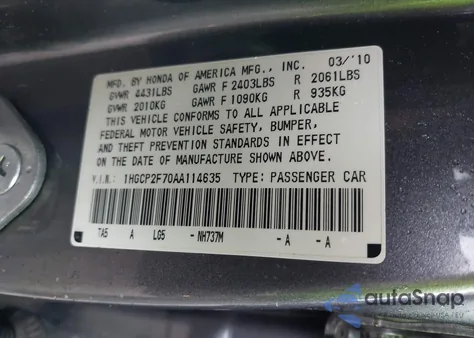 2010 Honda Accord 2.4 Ex z USA, uszkodzony, nr VIN 1HGCP2F70AA114635